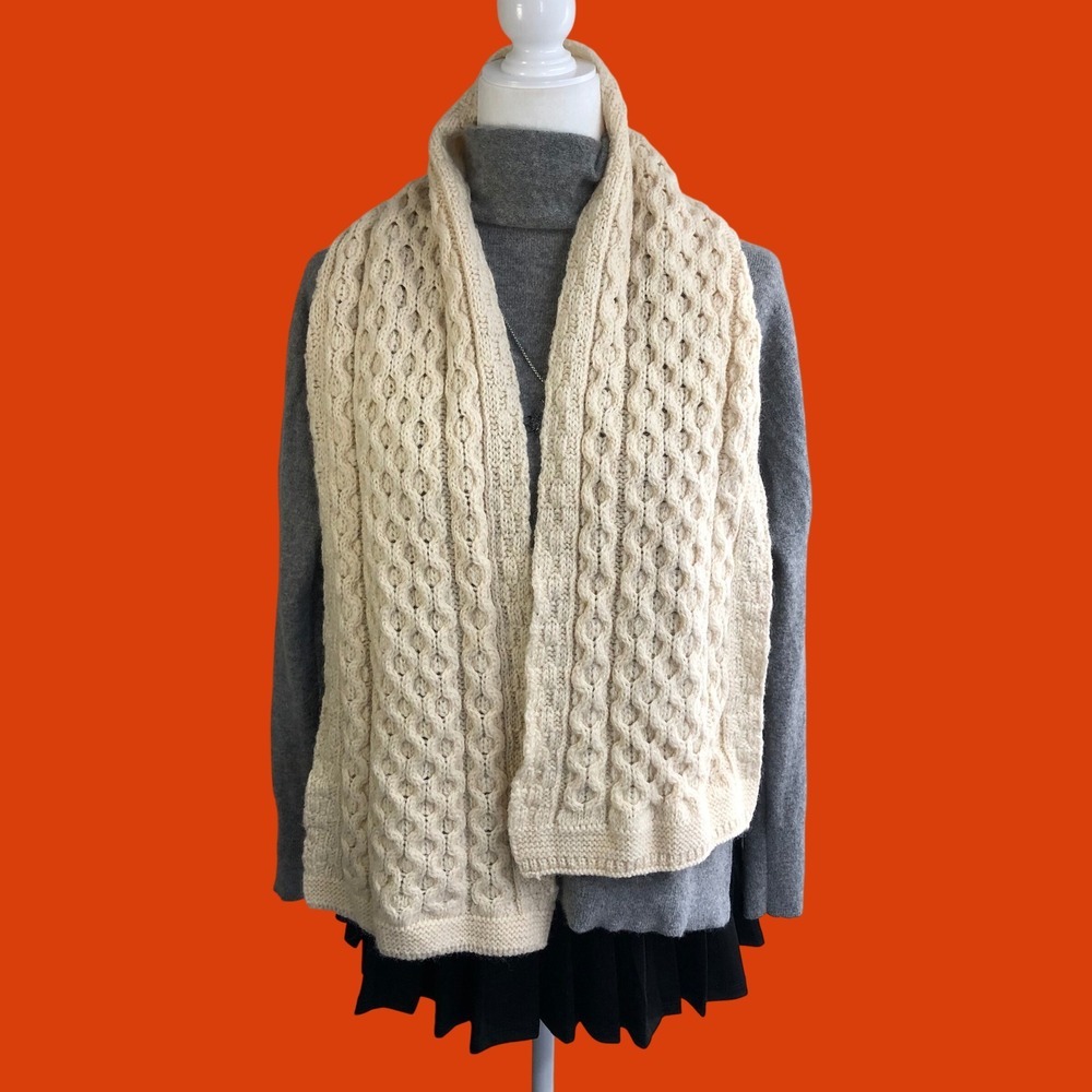 Vintage Aran Crafts Ireland 100% Wool Cable Knit Scarf Cream Ivory Fisherman